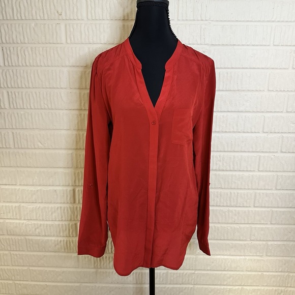 Trouve Tops - Trouve 100% Silk Button Down Blouse Sz S Red Minimalist V Neck Preppy Old Money